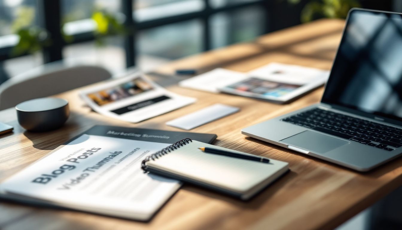 A neatly organized modern office desk with marketing materials and technology.