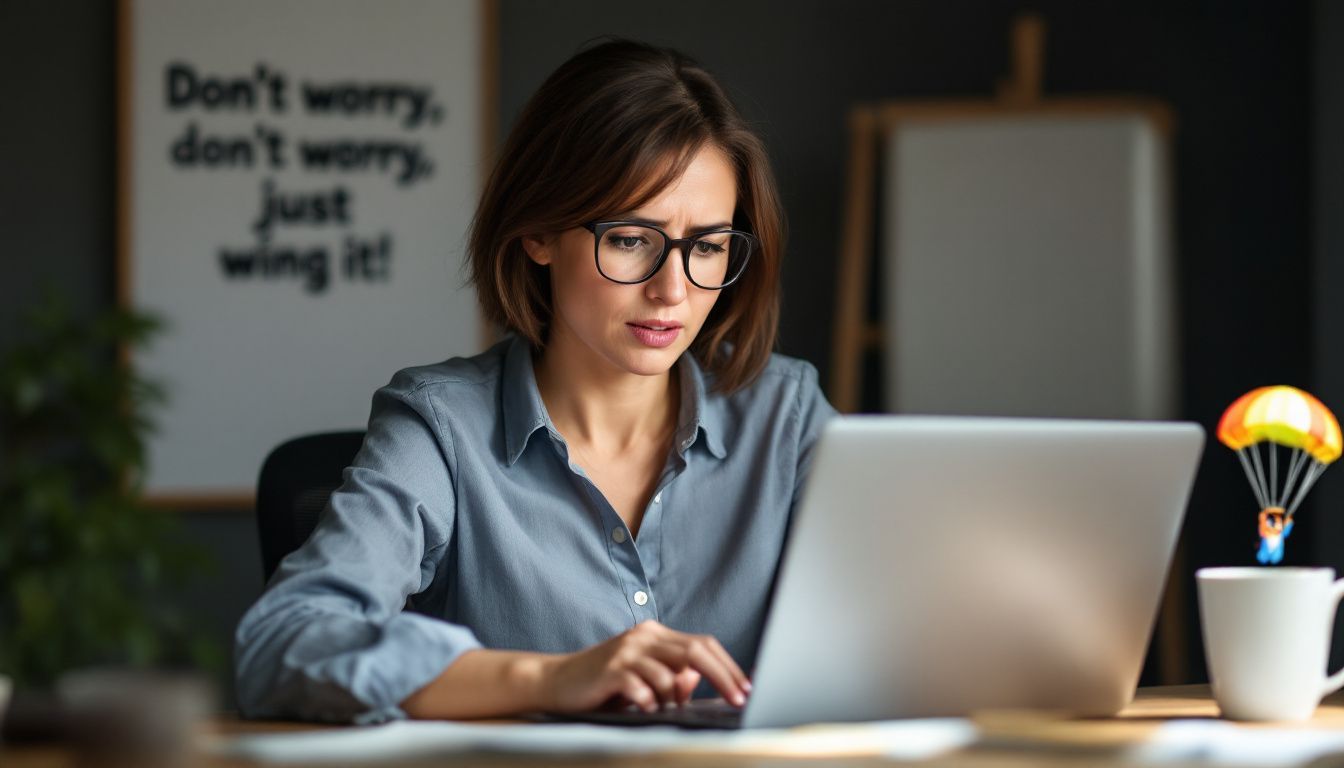 A woman in professional attire struggles with laptop error at desk.