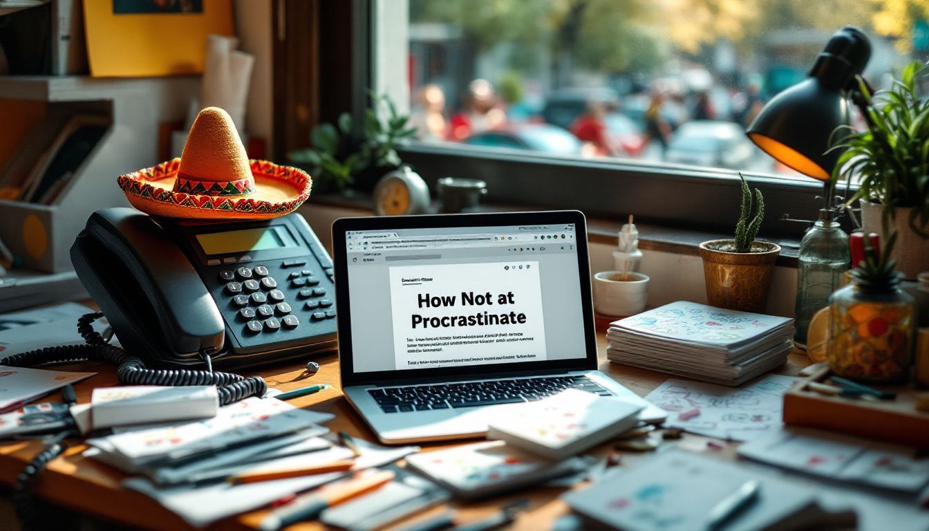 A messy desk with a sombrero on a phone, laptop, and doodled business cards.