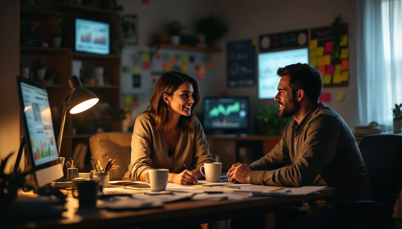 A couple in a cluttered home office discussing marketing strategies.